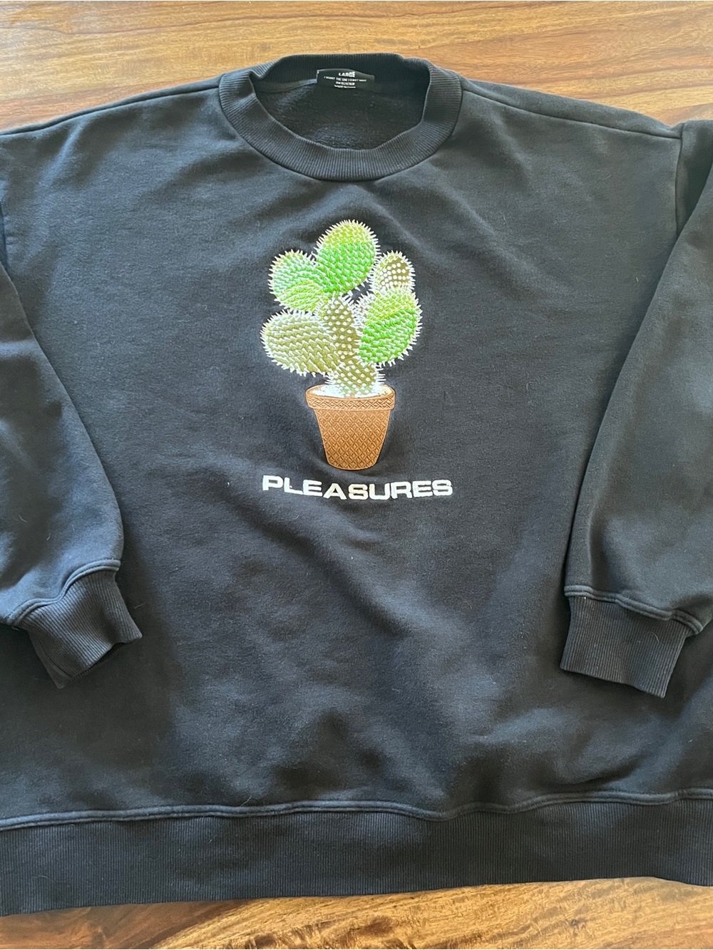 Pleasures Spike Black Crewneck Sweatshirt with Green Cactus Embroidery large